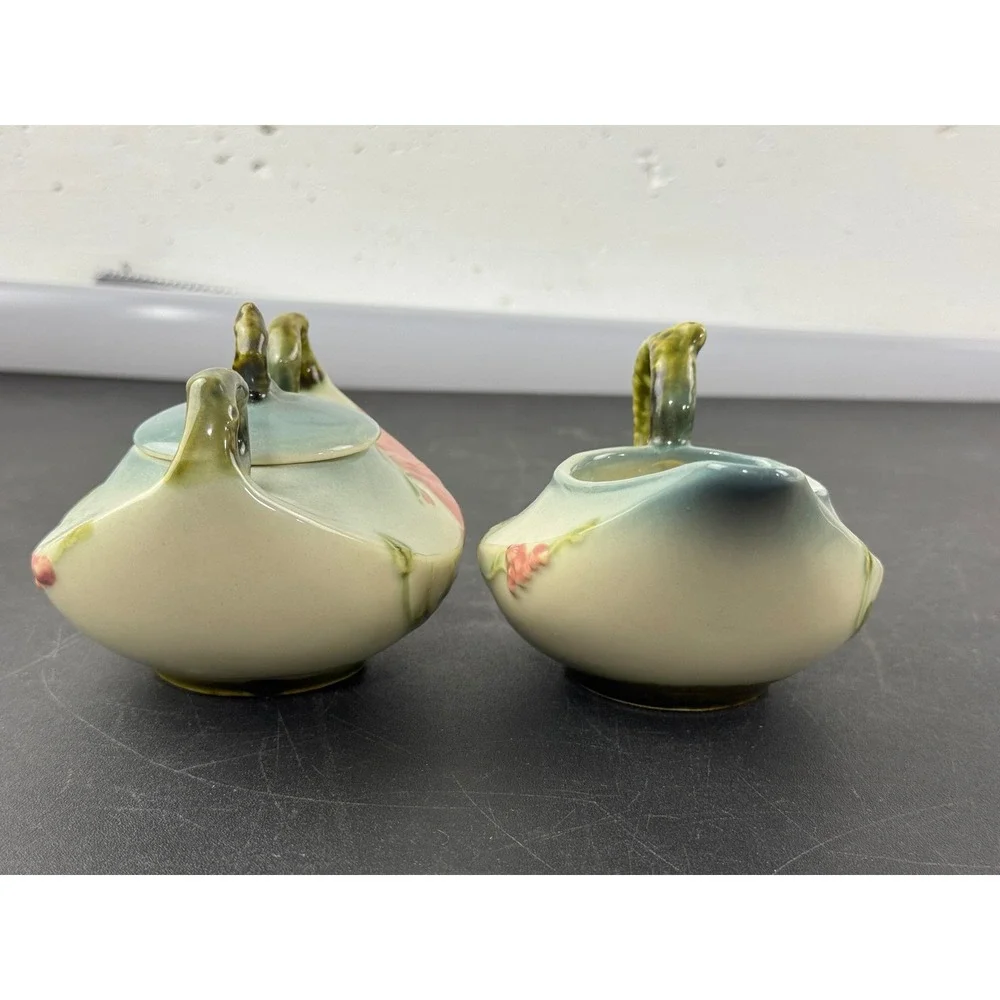 Hull Pottery Wildflower Sugar Bowl and Creamer Set W27 W28 Pink Green Vintage - Picture 4 of 14